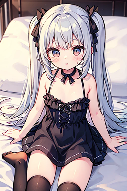 Cute beautiful girl、Embarrassed blush、Budding breasts、Gothic Lolita Lingerie、Wavy Hair、I'm embarrassed because my breasts are exposed and my nipples are visible.、Put your hands between your legs,anus