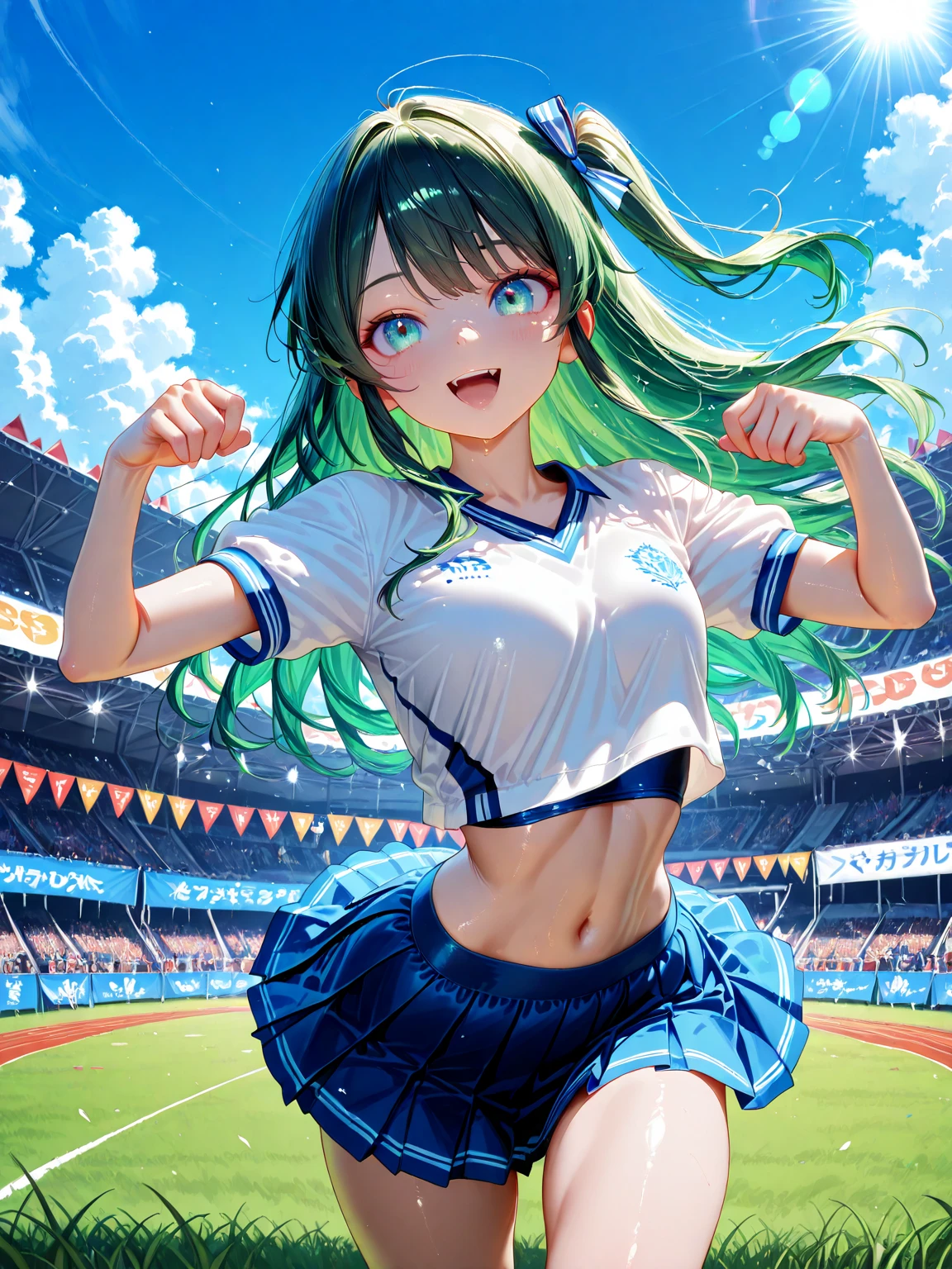 index, index, (green eyes:1.5), blue hair, long hair, (flat chest:1.2),(cheer leading), (whole body), lower, (sweaty), sweaty Wet Clothes, (white clothes), , Navel support, playground, (jump), (jump), 足を曲げてjumpする, air, blue sky, Grass原, smile,Cheerleader, pom pom \(cheer leading\), Grass, smile,
break looking at viewer, Upper body, whole body,
break indoors, stadium,
break (masterpiece:1.2), highest quality, High resolution, unity 8k wallpaper, (figure:0.8), (detailed and beautiful eyes:1.6), highly detailed face, perfect lighting, Very detailed CG, (perfect hands, perfect anatomy),