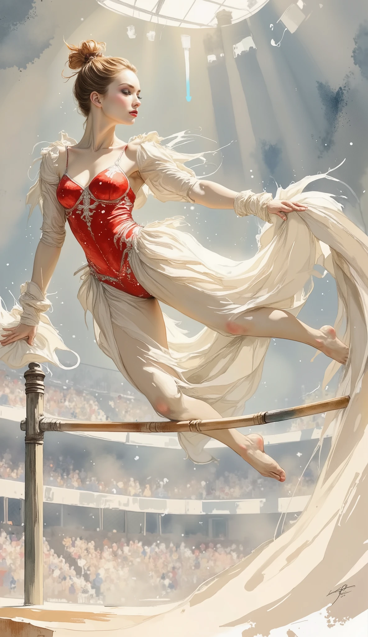 masterpiece, best quality, A beutyfull graceful Russian gymnast soaring mid-air between the uneven bars, captured from a low angle as she executes a complex acrobatic flight. Her red and white leotard flows elegantly with her movement. The scene is rendered in delicate ink lines and soft watercolor washes, in the style of Haruhiko Mikimoto — with a focus on expressive anatomy, flowing hair, and dreamy lighting. The Olympic stadium fades into a blurred, abstract crowd, colors bleeding softly like watercolor on paper. Light from above catches the gymnast’s skin and fabric with subtle shimmer. Her face shows intense focus and fragility at once, drawn with Mikimoto’s signature melancholic beauty. Slight sparkles and ink splash textures suggest motion and emotional intensity. The scene evokes grace, strength, and ephemeral beauty. Diamidov, voltaretas, volantines