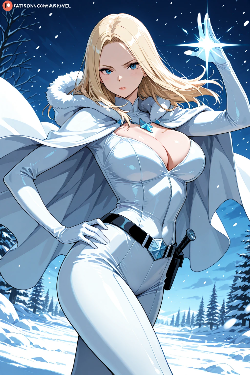 source_anime, best quality, clear face, Emma frost from Marvel, blonde hair, blue eyes, long hair, large breasts, perfect body, looking at viewer, smile, sexy The Marvel clothes, White corset, white cape, Long white gloves, White panties, White stockings, in the city club, standing, from behind position, big ass