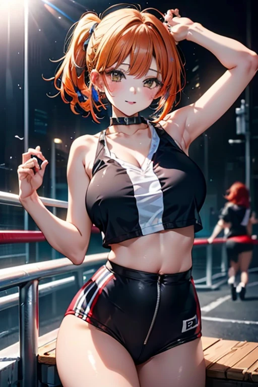 ((ultra detailed)),((Bright eyes)), (1girl:1.3),(solo:1.3) (from above:1.4) (Detailed eyes) , 8k, blink blink, ((realistic skin)), (wild hair), (short hair:1.3)(orange hair)(flat chest:1.4),(cute)((smiling))((shiny facial skin)), (sitting on floor), (shoes), (sports), (gym), (sweaty), (workout) rossdraws pastel vibrant, rossdraws cartoon vibrant, style anime 8k, beautiful portrait, artgerm colorful!!!, ! dream artgerm, beautiful anime girl, styled digital art, art wallpaper 8k, digital art, extremely detailed artgerm,