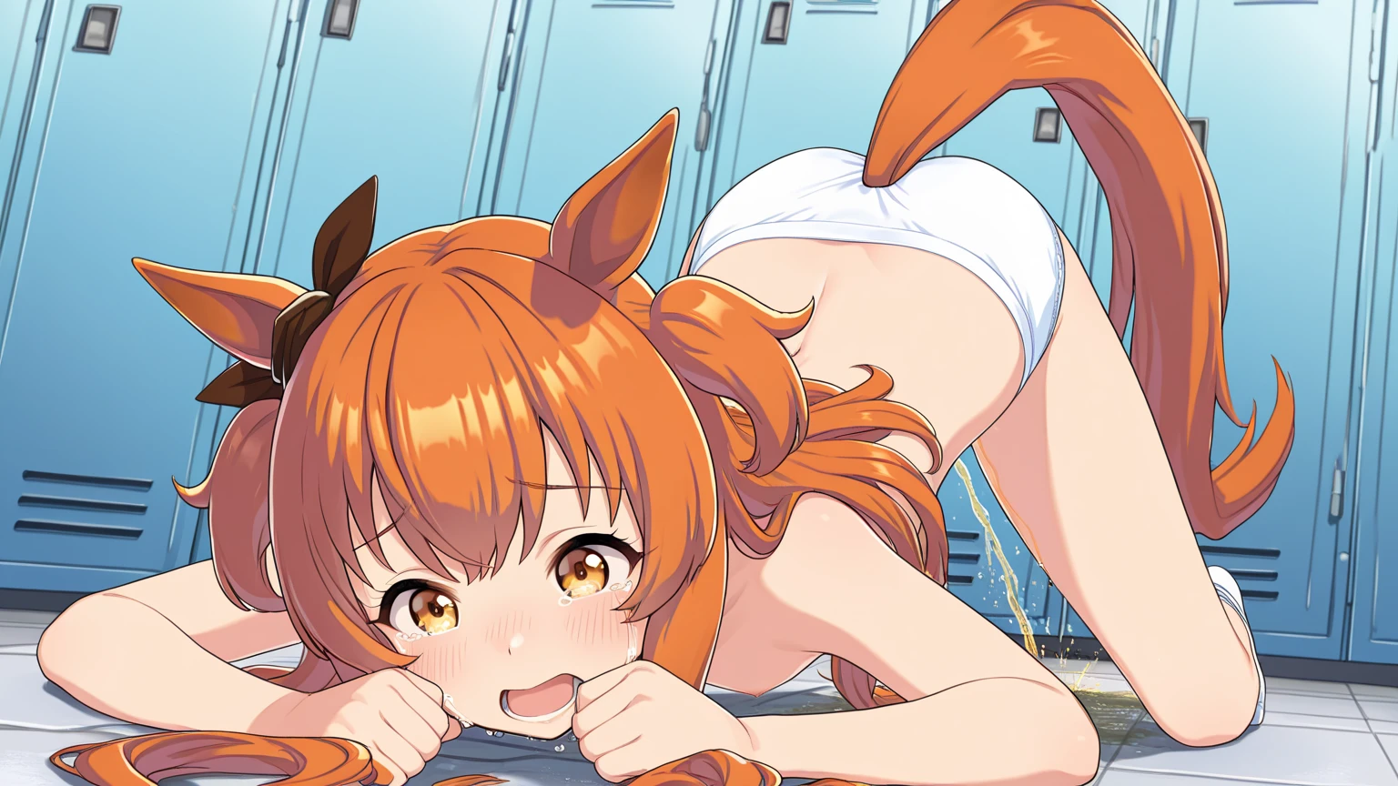 [[One person, Mayano Top Gun \(umamusume\), umamusume]], Beautiful attention to detail, Close one eye, ((indoor, office, living room),  Curvy, thin, Small breasts, Flat Chest, (Thigh-high socks), (Cleavage) , (Sexy pose), (Seductive pose), (Crop Top Belly Button), ((panties), (good), (In underwear), (Flashy underwear), (lingerie))), (Close-up shot), Slender body,Dynamic Angle, Highest quality, Very detailed, masterpiece, Ultra-high resolution, 8k, Nipples, ((Horse tail)), Camel Toe, smile, Small Ass, Slender body, Long Hair, ((Petite))