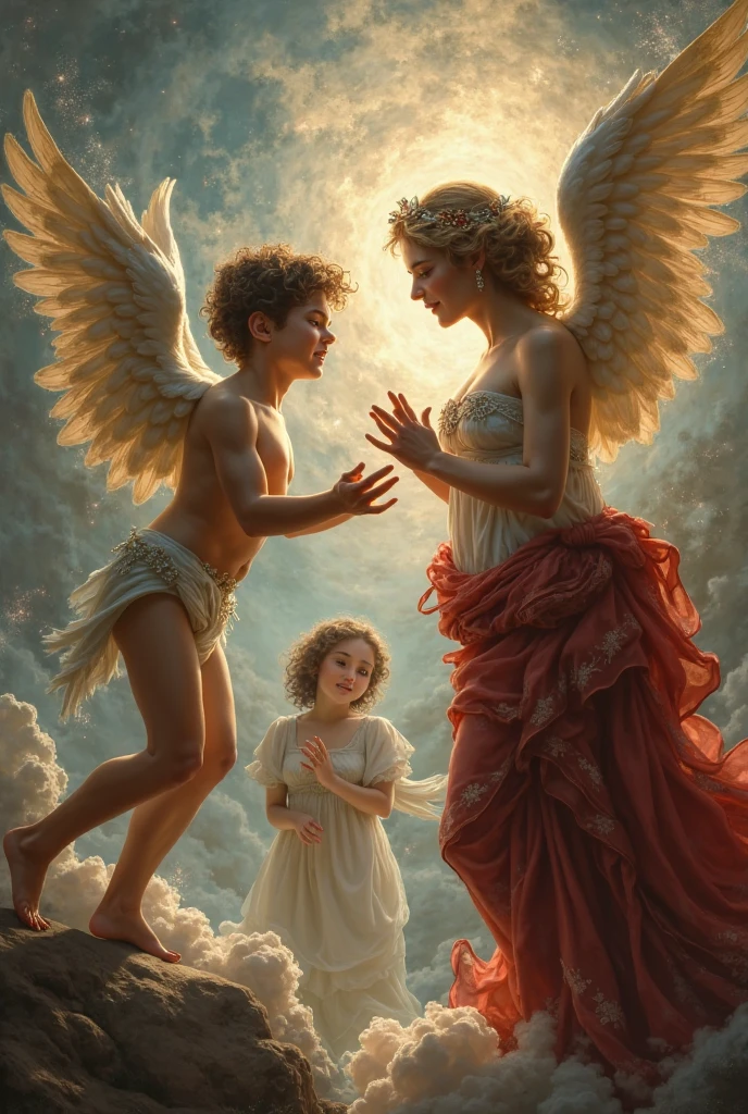 Goddess Aphrodite and Cupid realistic art, epic scene like from a movie! Aphrodite red hair, white skin and pink clothes. Cupid adult male blond practiced, big wings, goatee and nudes