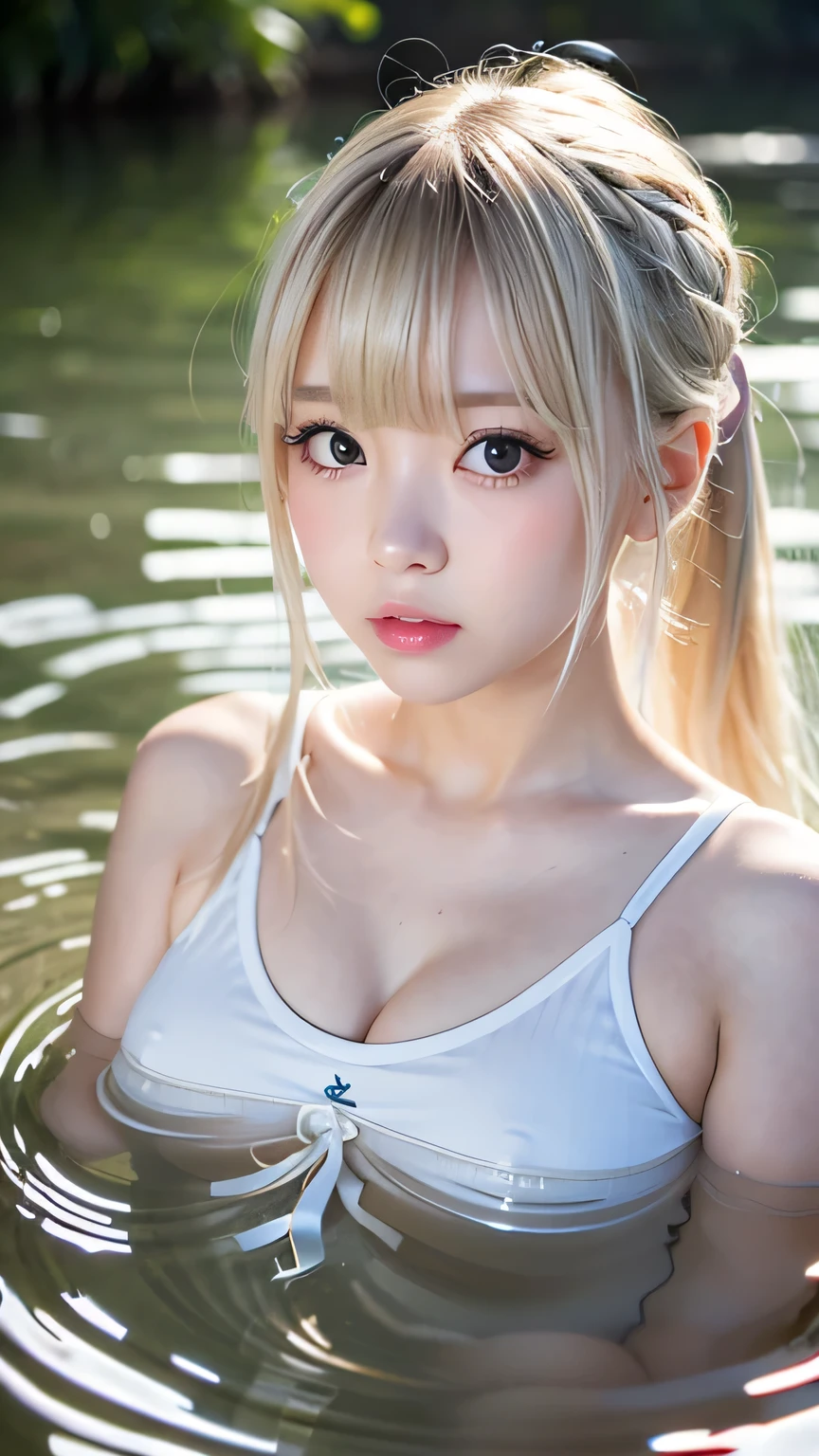 cute girl, hottub, panthose, high socks, cleavage, blonde hair, long hair, detailed face
