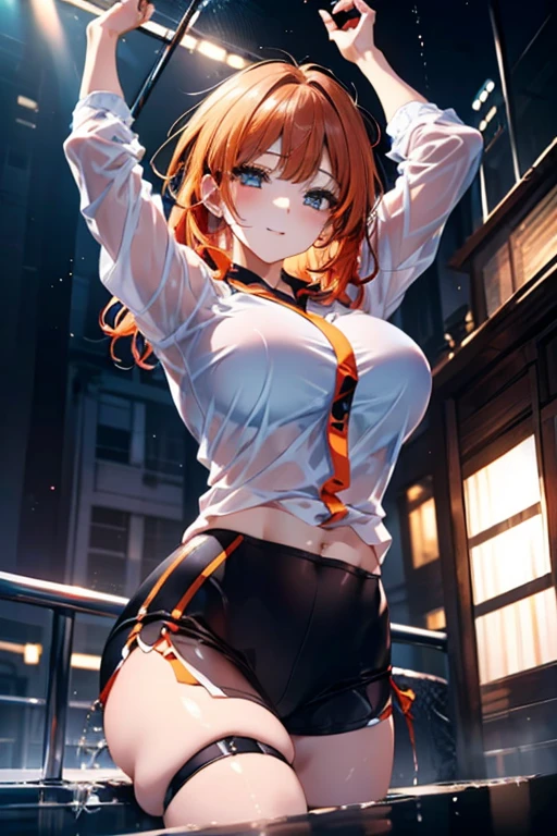 1girl, Orihime Inoue, orange hair, longe hair, pink dress, stripy print outfit, legins, longe slevees, blue hair clip, hairband, room, Indoors, smiling,