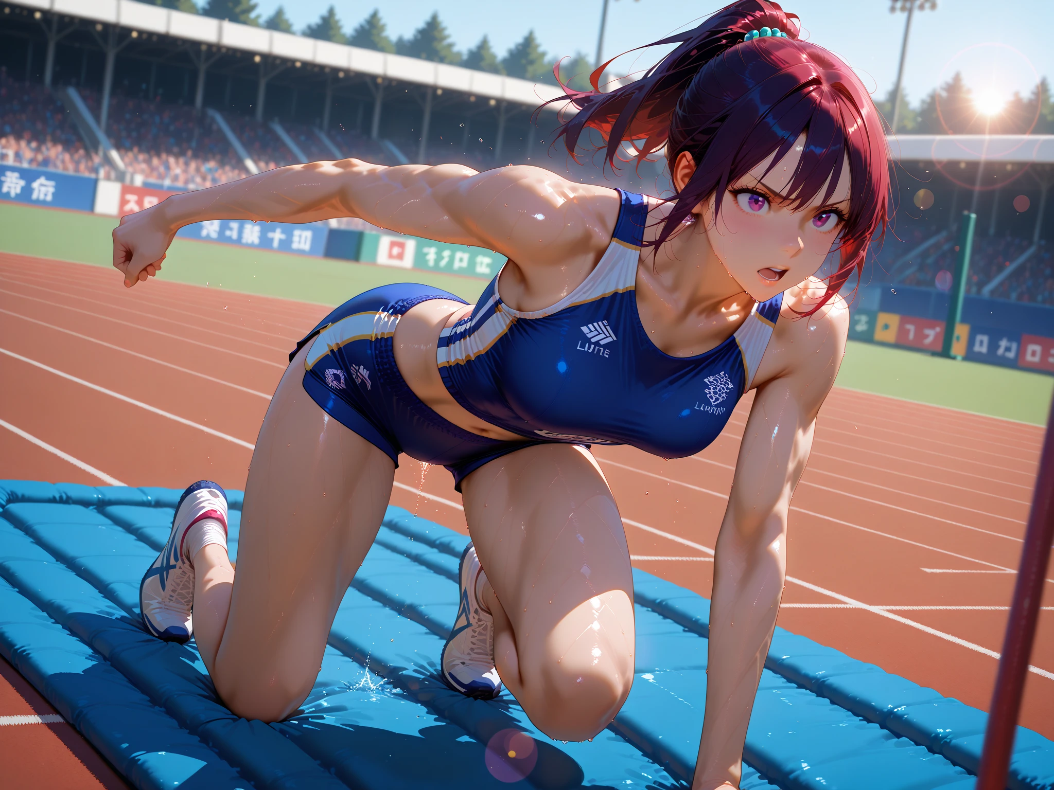 {{{masterpiece}}}, {{{best quality}}}, {{ultra-detailed}}, {illustration}, {{an extremely delicate and beautiful,high resolution, ultra-detailed,,perfect face,slender perfect body, Tight belly,Toned buttocks,Constricted waist}},,(((2 girls to 100m run start))),(painful face), (wear a headband),15yo,((pink:-1.5) ,(red:-1.5) ,(blue:-1.5) hair), (braided short hair), (braided long hair), shy daughter, short stature, small tits,(flom track and field), (fashionable track and field athlete),(bike shorts), small tits, (wet:1.2), (track and field:1.3),((very wide shot )),(clothnipples visible throughes),(Cameltoe:1.2),(100m race:1.5)