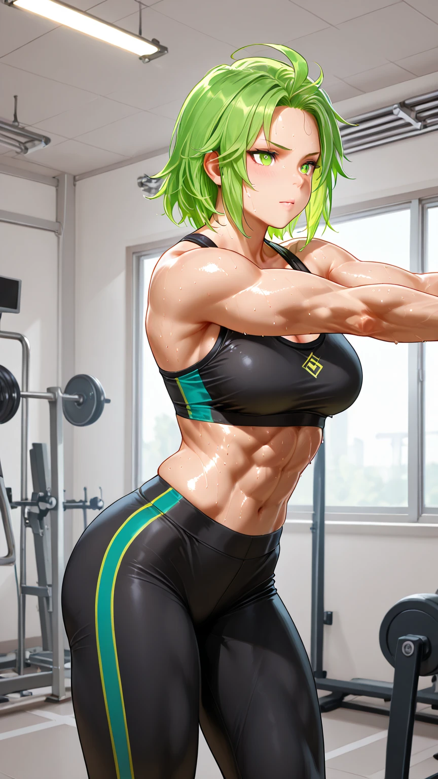 Uma garota sexy com cabelos castanhos, ela tem peitos gigantescos, she is at the gym, wearing a small lime green bikini