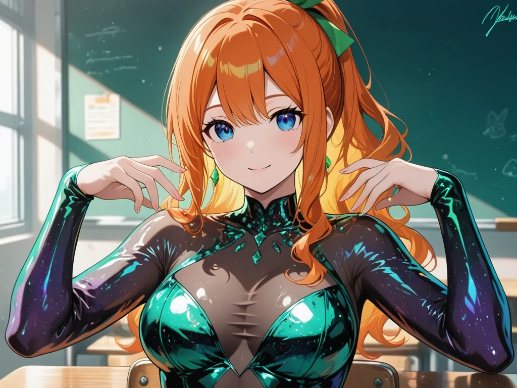 {1girl in},{{{{{masutepiece++, Best Quality++, Ultra-detailed+, 超A high resolution,(Photorealistic:1.4),Raw photo,(Nami)+,(Nami)+,(One Piece NAMI)+,(Onepiece),Orange hair, Girl in black latex full body suit,very aesthetic, Best Quality, absurderes, 1girl in, Brainwashed,}}}}}, ((purple glowing eyes 1.2)), (huge-breasted:1.2)deadpan, laboratory, Darkness Room, (Neon light:1.2), (Night:1.5), stand up and salute