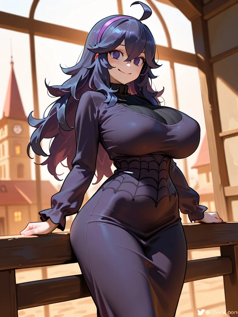 masterpiece, best quality, highres, aahex, hex maniac \(pokemon\), long hair, ahoge, purple hairband, purple eyes, @_@, large breasts, long dress, black dress, long sleeves, <lora:hex_maniac_v1:0.7>, smile, sitting, outdoors