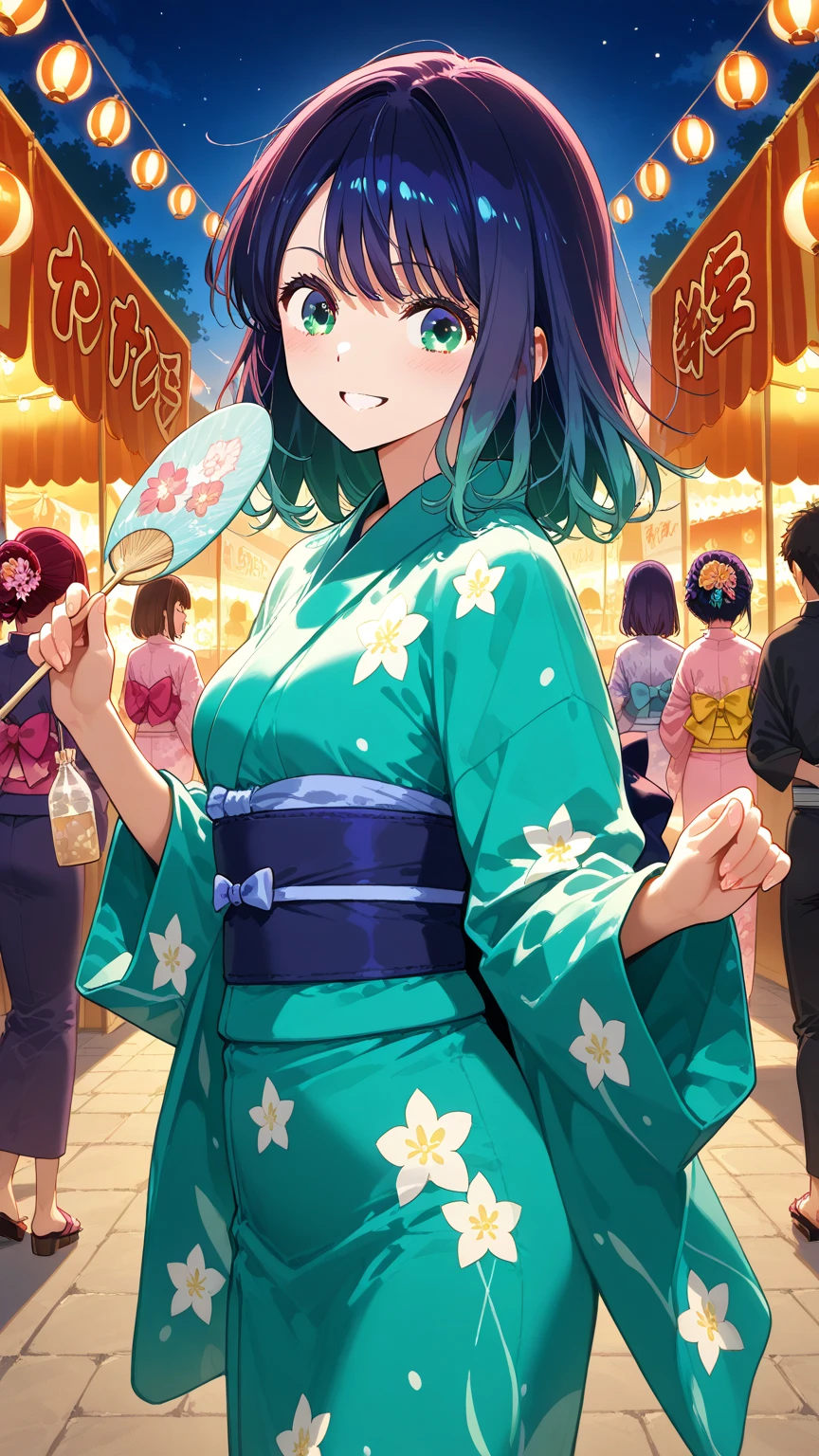 Alone (Kurokawa Akane, blue-green eyes and midnight blue medium hair like Kana Arima,)small breasts,  joyful expression, kimono holding Rehilete, festival,