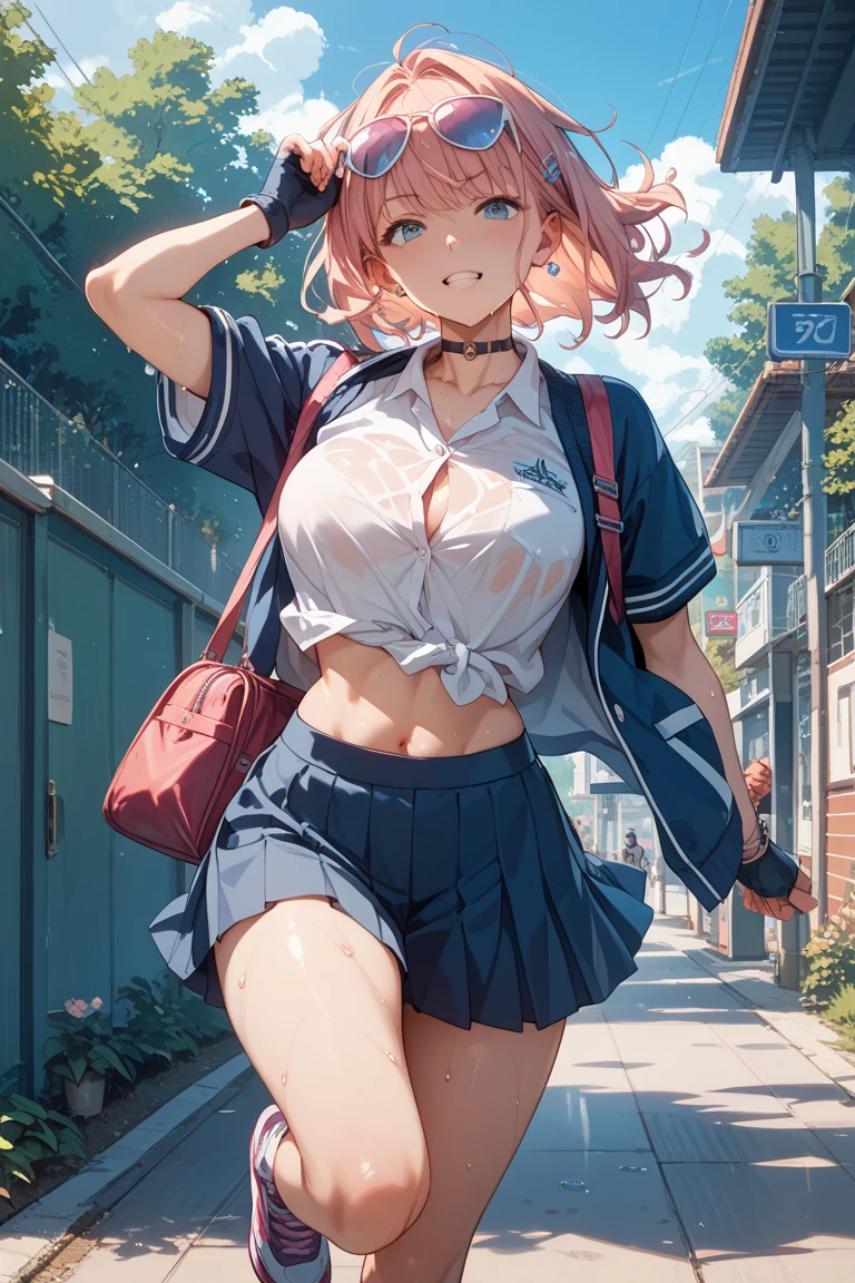 A 18 year short highschool girl walking in public rode wearing transparent bra, size 23 pink little nipples, rubbing her pussy in front of everyone in open skirt, with red embarrasse face, white short hair