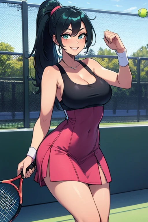 1girl, (dark skinned:1.7), goblin girl, blue hair, very long hair, multicolored hair, wide body, (small stature:1.5), (huge breast:1.6), hair between eyes, twintails, wide hips, blue eyes, mole, mole on chest, age up, lips, big lips,noise, big noise, thick eyebrows, twintails, (chubby:1.5), smile, freckles, tennis racket, sportswear, visor cap, tennis uniform, wristband, crossdressing, skirt, leaning forward, holding, ass, big_ass