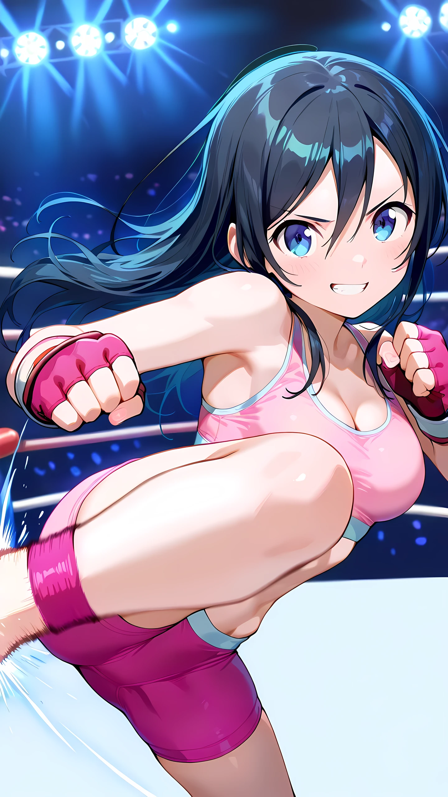 ayase aragaki, long hair, blue eyes, black hair, solo, pink and white sports bra, pink and white boy leg cut spats, pink fingerless gloves, cleavage, medium breast, (slim body:1.2), well-toned body, serious grin, Detailed eyes, Detailed face, from above,
(kicking, kicking at viewer:1.3),
indoor boxing ring, spot lights, spectator seats, (depth of field), best quality, masterpiece, high resolution, 4K.