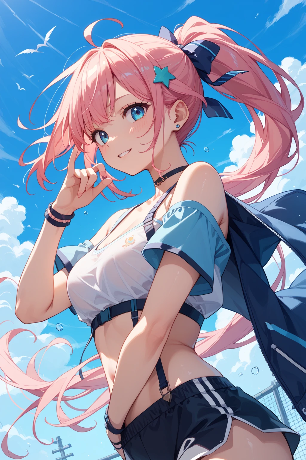 masterpiece, best quality, highres, sidelighting,
upper body, foreground, standing,
smile,
(half undress:1.4),
(white plain micro bikini:1.4),
(solo, 1 girl:1.4), minato aqua, virtual youtuber, animal ears, cat ears, long hair, purple eyes, braid, ahoge,
multicolored hair, twin braids, blue hair, two-tone hair, hairband, pink hair, anchor hair ornament,
skirt, ribbon, sailor collar, , pleated skirt,
twintails,
large breasts, bangs,