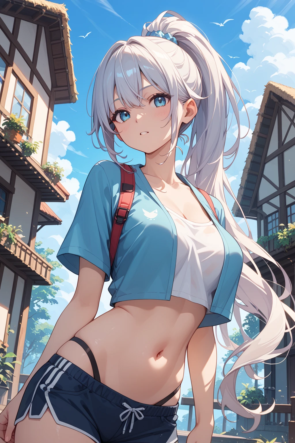 masterpiece, best quality, realistic, adult girl, smile, Aqua Konosuba, long brown hair, brown eyes, bright eyes, short shirt, perfect belly, ripped short shorts, tight tights, perfect legs, parted lips, blush, night, flowers, sun, sunlight.