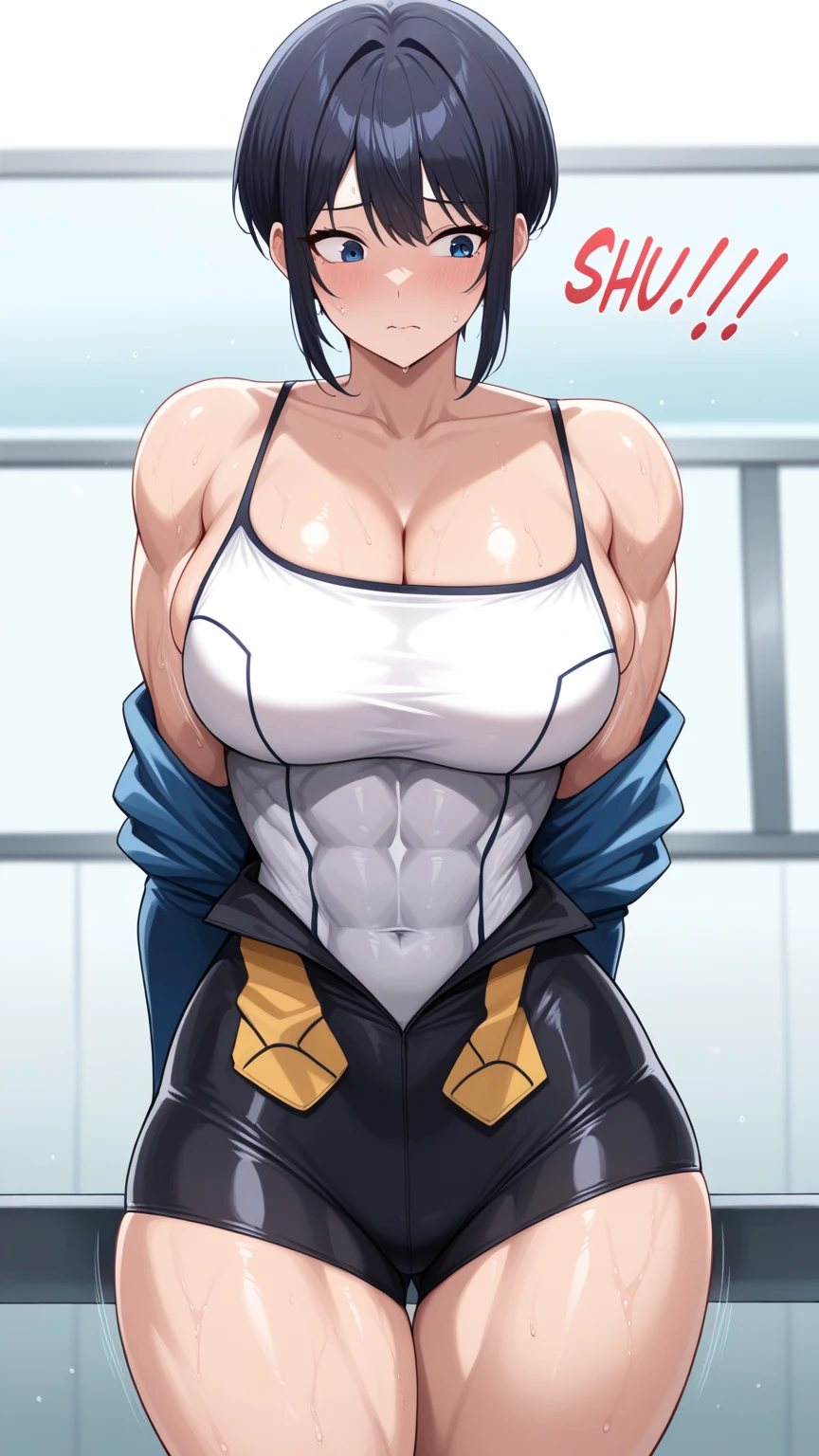 gym, workout, hot, sweating, sweaty, tan, big boobs, tan skin, flustered, blush, black clothes, see thru, yoga pants, man standing behind girl, man behind touching boobs, grabbing boobs, boob grab