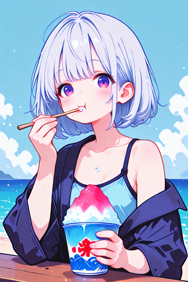 Eating ice cream by the pool Chibi character Silver hair swimsuit