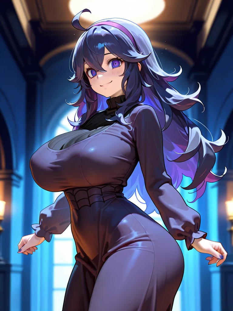 A highly detailed, vivid, and photorealistic anime-style portrait of a dark-haired girl with purple highlights, long hair, big breasts, and a smirk on her face, wearing a very short black dress with long black/grey sleeves, high black thigh-high tights, and black boots, standing in a dark alleyway with a gloomy atmosphere, the German Cross used in Norway is prominently featured on her neck and sleeve ends, (best quality, 4k, 8k, highres, masterpiece:1.2), ultra-detailed, (realistic, photorealistic, photo-realistic:1.37), extremely detailed eyes and face, extremely detailed skin, long eyelashes, dark hair, black eyes with white (X) pupils, portrait, concept art, dark atmosphere, high quality