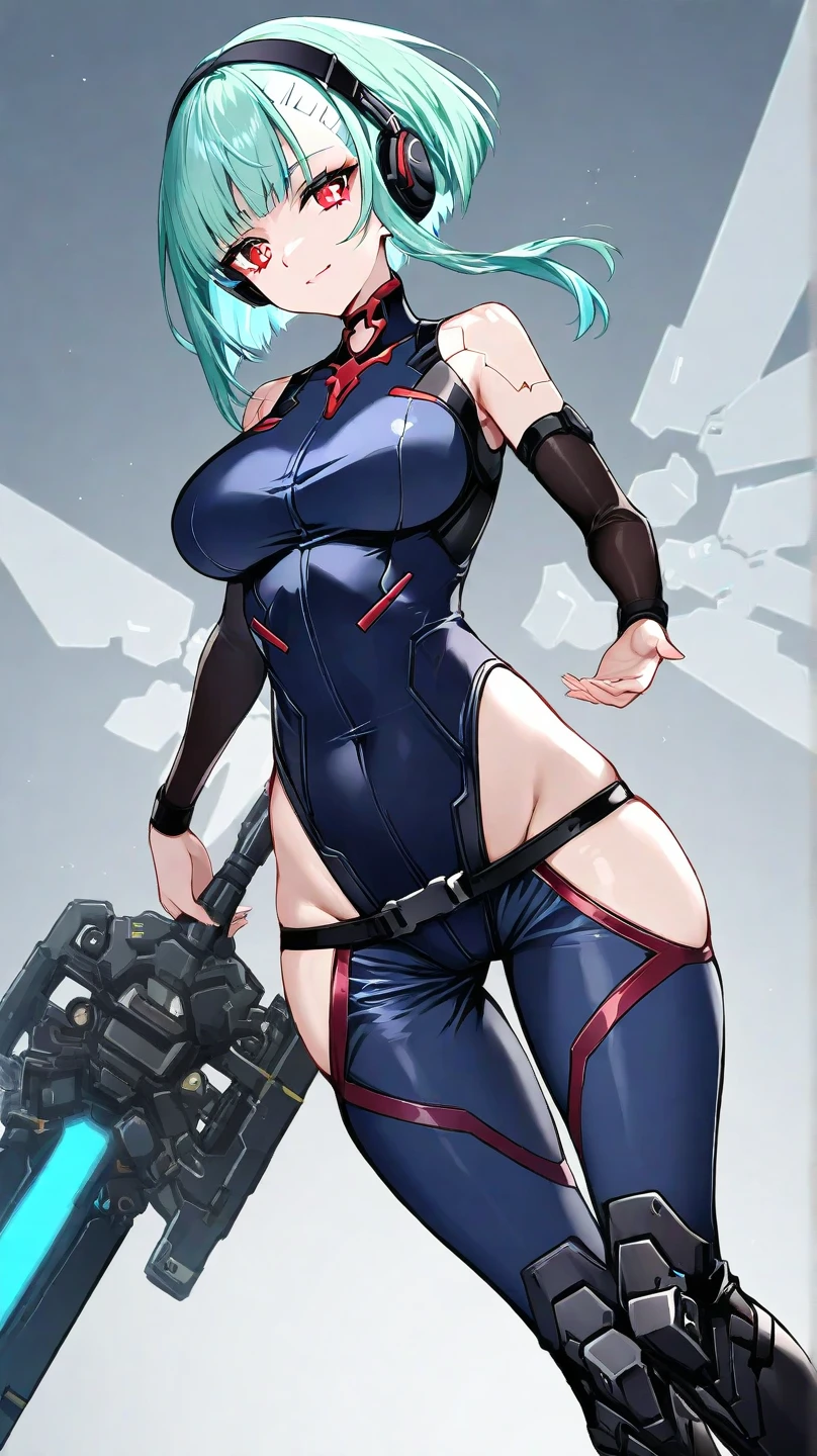 1girl, large breasts, breasts, thick thighs, hourglass figure, toned, smile, light smile, blue hair, light blue hair, blue eyes, very short hair, pixie cut, shoes, sneakers, thighhighs, bikini, black bikini, jacket, black jacket, open jacket, neon trim, neon, neon lights, blue trim, tech, machinery, science-fiction, futuristic, bunny ears, rabbit ears, cropped jacket, ((cropped jacket))
