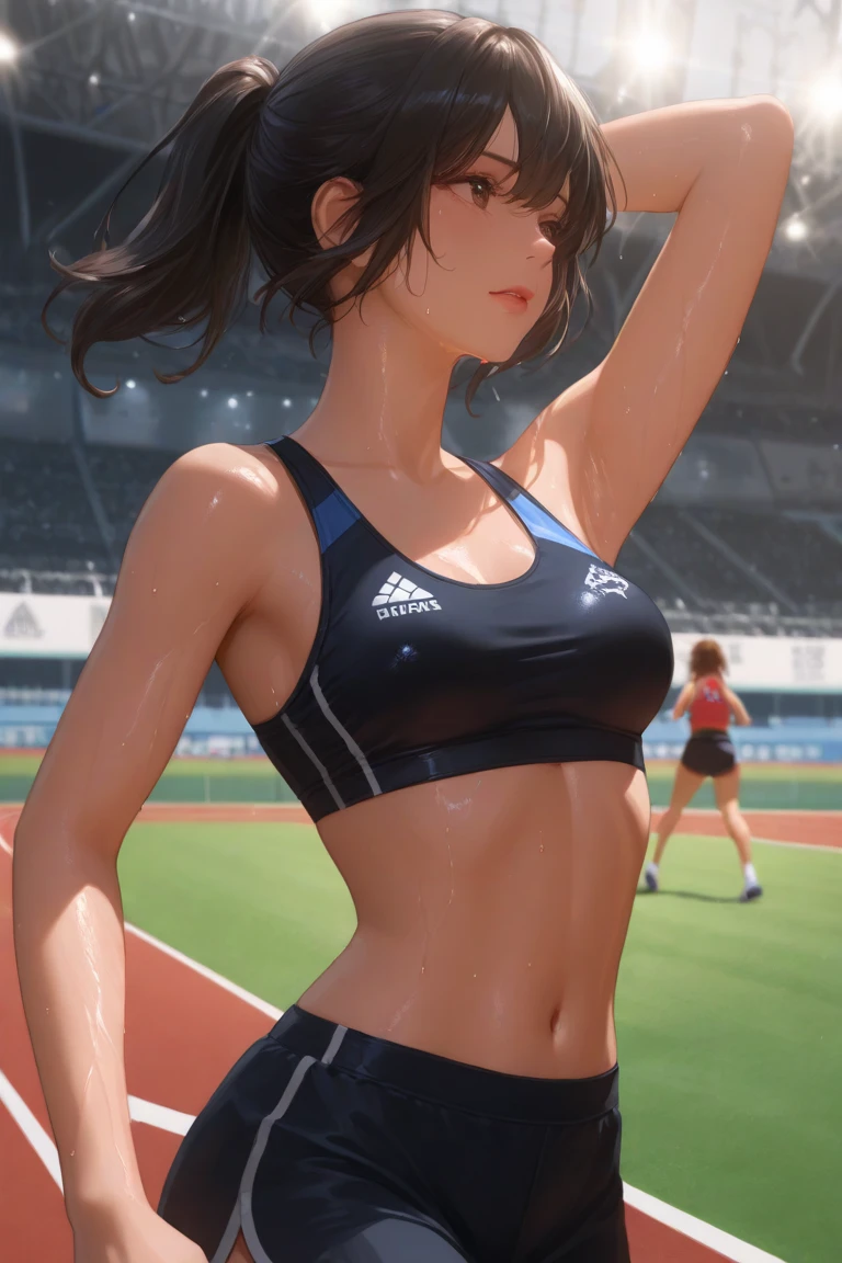 ((masterpiece,Highest quality:1.3,best quality illustration)),((realistic:1.2)),cowboy shot,独奏,1woman,18 year old beauty、black hair,short bob hair,(center parted bangs),black eyes,(gorgeous big eyes),((very small head:1.4)),Heavy breathing,drooling,((slender body:1.2,skinny)),(tan skin:1.4),small breasts,(White tank top、school gym red buruma),peeing,gleaming skin,oily skin,slender body,sweat,standing,Athletics Stadium、In the shade、Tokyo、