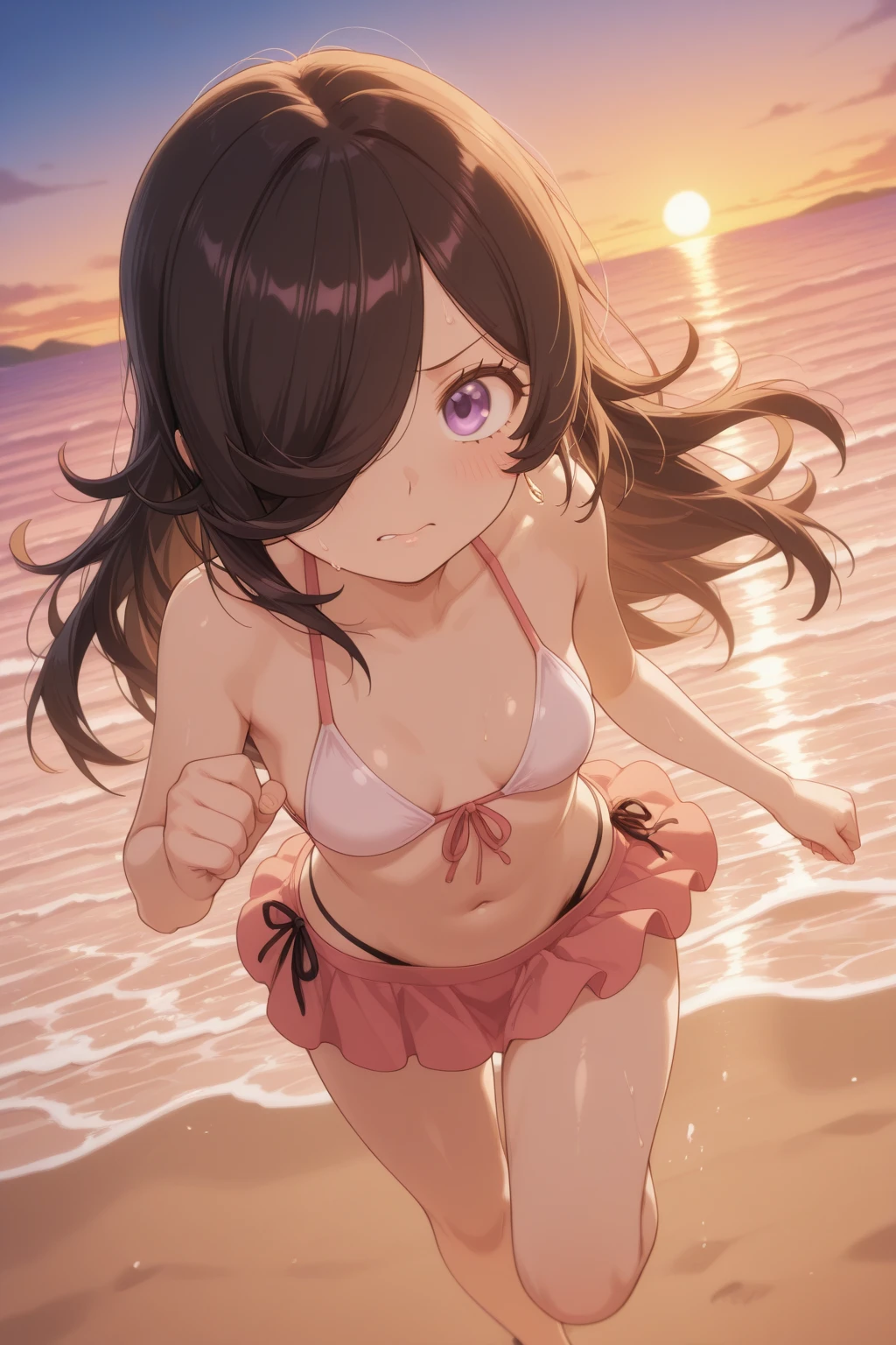 akariooshiro, <lora:akari ooshiro anime s1-lora-nochekaiser:1>, 
akari ooshiro, long hair, brown hair, hair ornament, hairclip, side ponytail, hair scrunchie, yellow scrunchie, (red eyes:1.3),
BREAK navel, collarbone, swimsuit, bikini, frills, frilled bikini, pink bikini,
BREAK outdoors, beach,
BREAK looking at viewer,
BREAK <lyco:GoodHands-beta2:1>, (masterpiece:1.2), best quality, high resolution, unity 8k wallpaper, (illustration:0.8), (beautiful detailed eyes:1.6), extremely detailed face, perfect lighting, extremely detailed CG, (perfect hands, perfect anatomy),
