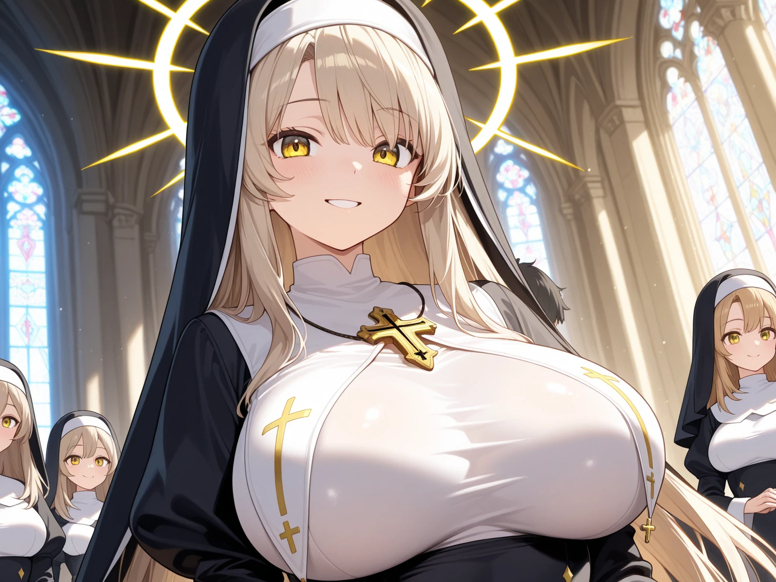masterpiece, Highest quality, Official Art, Highly detailed CG Unity 8k wallpaper, Detailed Background, (Handcrafted by Guido Daniele), (Finger details), Mature Woman1, (Curvy), (Nuns),  (standing in church), (Nuns gown:1.12), (Chest curtain:1.4), (Nuns skirt:1.11), (White Garter Straps Garter Belt:1.12), (Blonde long hair:1.12), (Hair intake:1.12), (Green Eyes:1.2), blush, (Loving smile, holy smile), ((Huge breasts:1.5、Sagging breasts:1.5、Long Breasts:1.3、sagging breast:1.5)), Tight waist, Shiny skin, (Cross Necklace), indoor, (Sacred Scene), (church:1.11), (Sunlight streaming through stained glass),Mature Woman、((sit、足を広げてsit))、Monastic Clothes、White panties、Photographed from diagonally in front、Confessional Pose、Clasp your hands in front of your chest、Close-up photo of the chest、naughty face、heavy breathing、breast focus、Provocative smile、handjob、Sticking out tongue、dick