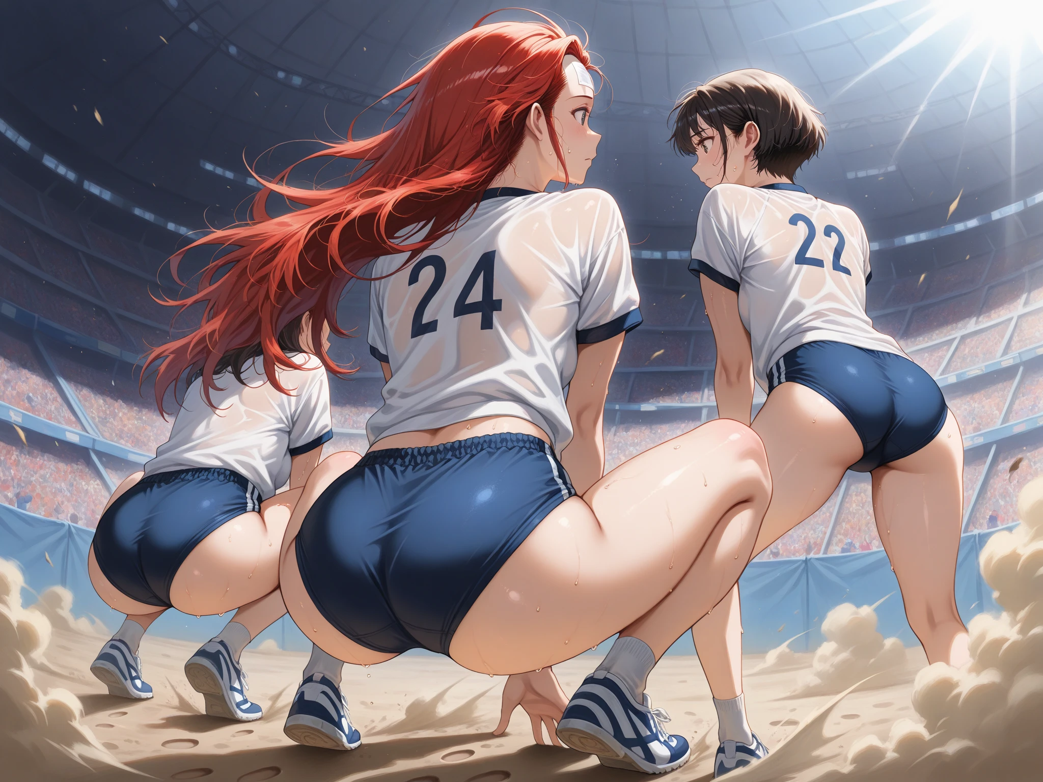 3Cheerleaders lined up、Baseball Stadium、Angle from behind、Same pose、rest your elbows on the bench、same waist position
