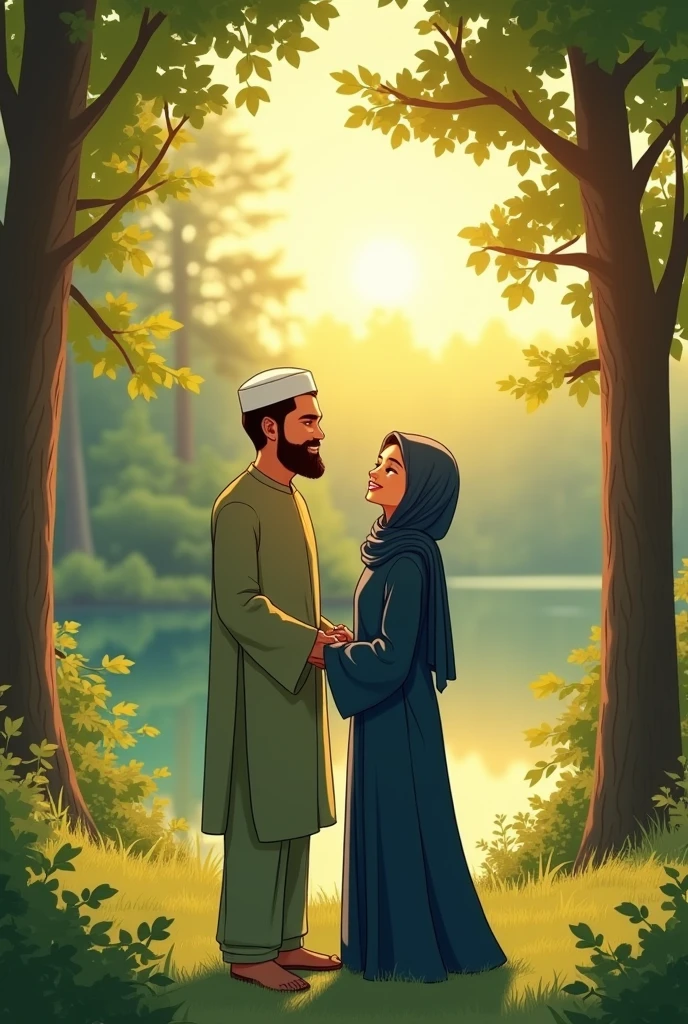 Muslim man and women cartoon walk at garden