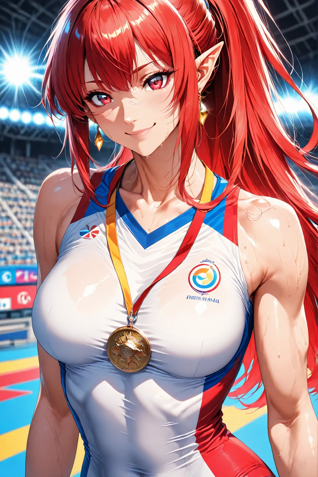 (track and field, Stadium:1.2), (rim lit), (Detailed face:1.1), 1girll, Solo, Smile, Captain Mizuki, one-punch man, A high resolution, Muscular female, Breasts, Orange hair, Upper body, High ponytail, Long hair, medal, Sweat, steams, steamed body, murata yuusuke, Big ass, Big boobs, big thighs, Super tight sporty, Nsfw, micro Thong, POV, micro Blusa strapless