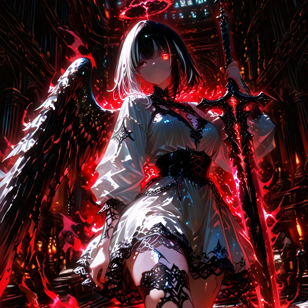 (Highest quality,4K,High resolution,masterpiece:1.2),Very detailed,Realistic:1.37,Spooky altar background,Dark fantasy,Red color scheme,Ominous atmosphere,Eye-catching,Storytelling,anatomy,Anime Style,Concept Art,beautiful細部までこだわった顔と (((Red eyes ))),Terrifying Ritual ,Satanic Ritual,Untimely Death,Unjust act,Crazy Smile,Scythe Face,Girl Monster, beautiful, Delicate facial features, Sharp Eye, Sharp Fangs, Pale skin, Thick chain, Dark Background, Cinema Lighting, Dramatic Shadows, Gothic style, Gloomy atmosphere, Dark fantasy, One Girl, , Please open your mouth wide, Open your mouth and baring your teeth,Sharp teeth like a beast, Wide lips, very wide mouth, Vermilion cheeks, ,(Blood splatter:1.4),Scary smile, laugh at,Fallen angel design, Twisted smile、Bloodstained、bleeding from the head,,、Blood splatter、,(Blood splatter:1.4),Crossbones, skull,Horror Style, ((Fantasy Fallen Angel Costume)), ((Flowing black hair)), ,(Blood splatter:1.4),Female curves, Sexy flat stomach, Perfect hands, Perfect anime face, ((White Lolita Dress)), Are standing, ((Wicked Smile)), ,(Blood splatter:1.4), Steam circulates, Moonlight Illumination, night lighting, disaster々new devil horns,,(Blood splatter:1.6),アニメFallen angel design, Twisted smile、Bloodstained、bleeding from the head,,、Blood splatter、,(Blood splatter:1.4),Crossbones, skull,Gothic architecture、Western architecture、Fantasy World、,Victorian cities, Skeleton Gaslight,