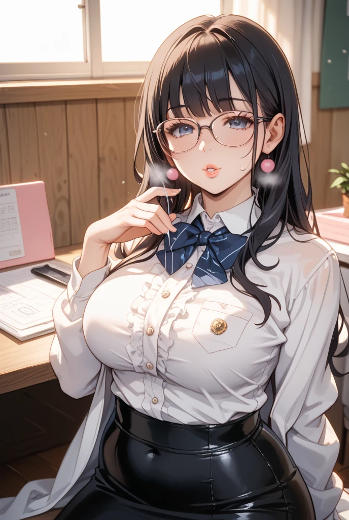 masterpiece, best quality, extremely detailed CG, beautiful detailed eyes, ultra detailed and intricate details: 1.2), 8k wallpaper, elaborate features, (1girl, solo: 1.4), (realistic textures: 0.8), tall, cute, (vibrant colors, dynamic lighting: 1.0), (high contrast: 0.8), (shooting hair, black hair: 1.3), ,(best quality, masterpiece 1.2), detailed, 1girl, solo, looking at the viewer, simple background, over-shoulder shot, selfie, dynamic pose, evil smile, detailed eyes, full body, pink eyes, very long long dark hair, office lady, mature man, tie, glasses, very short short miniskirt, blushing, nervous (very very big tits huge 1.4), big thighs, red cheeks, big cheeks, big cheeks, hands up