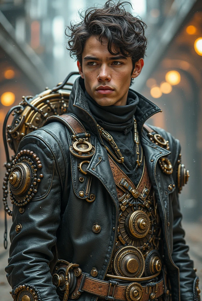 depressed attractive cybernetic man looking down, (steampunk cyborg:1.2), (intricate details), hdr, (intricate details, hyperdetailed:1.2), stark lighting, facing away from camera, hyperrealism, side shot, portrait, torso, hyperdetailed real human hair, (closed eyes), worn leather jacket, skin pores, hyperdetailed perfect real human skin, hyperdetailed face, tensorfunk