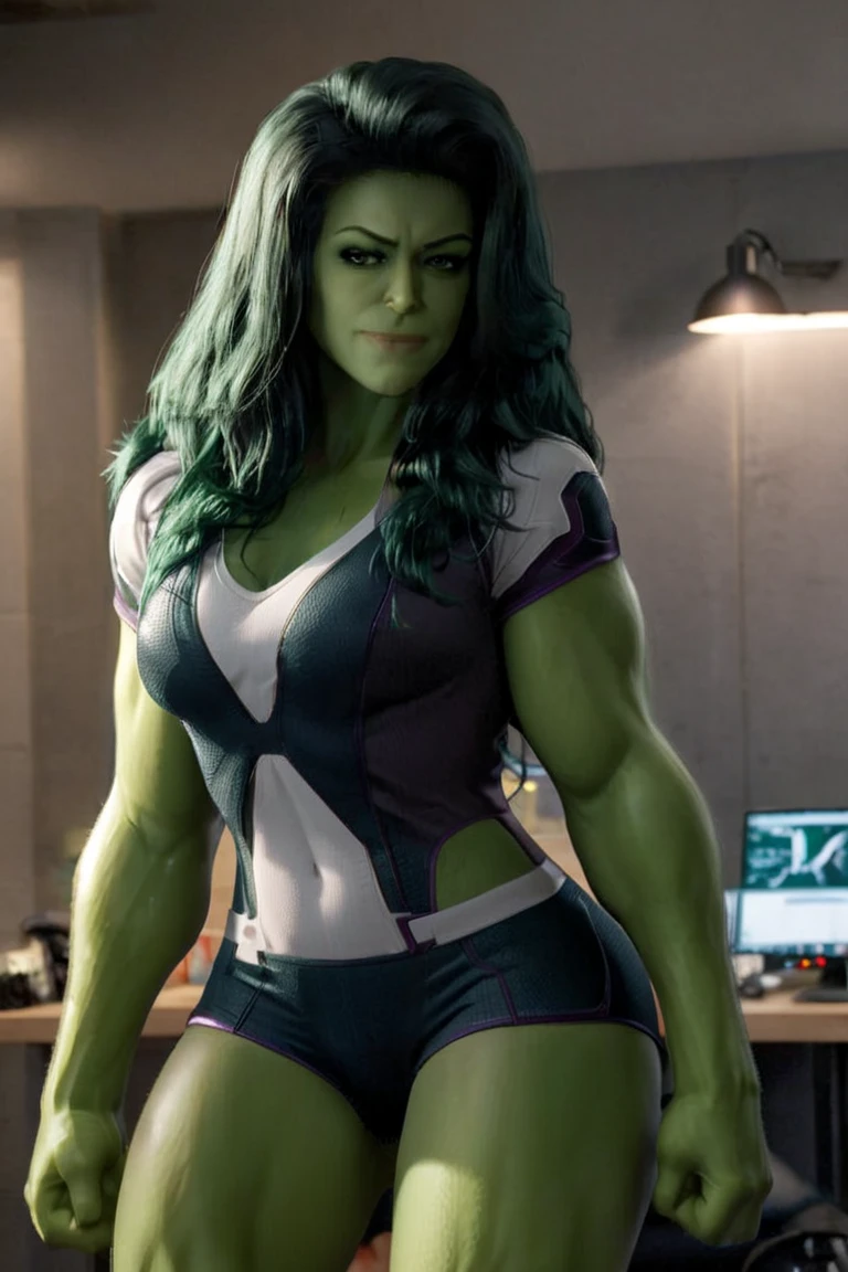 actress (Jennifer Lawrence) as a sexy (She-Hulk), (standing on street), (green skin), wears ((blue fantastic four bodysuit)), (white sneakers), (black wavy hair), (makeup), (red lips), fit body, sexy pose, sultry, sexy, hot, shapely, full body render, fine detail, hyper realistic, HD, 4K, definition, texture, perfect detail, perfect face, beautiful, hyperrealism, trending on artstation