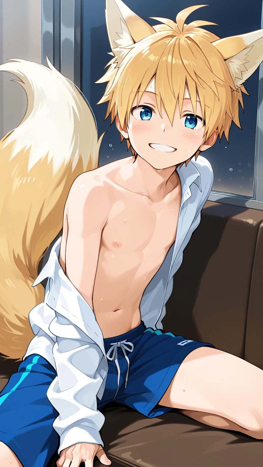 Blue pupils, Light yellow fluffy body, Fluffy cat tail, Boy cat，Point yellow hair，Exquisite wallpapers，Very cute，The popular style of the P station，One role solo，Light yellow furry legs，Shotai style，Inner eight characters，Blushlush，Pink tong