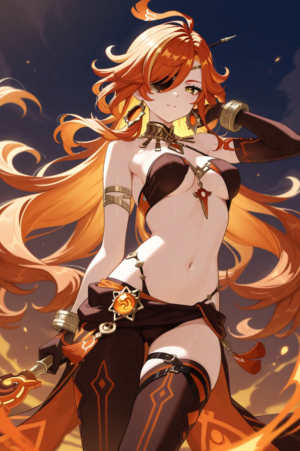 (masterpiece, best quality), 1girl, red hair, red eyes, fantasy, flames, burning, scenery, magic, light particle, messy hair,