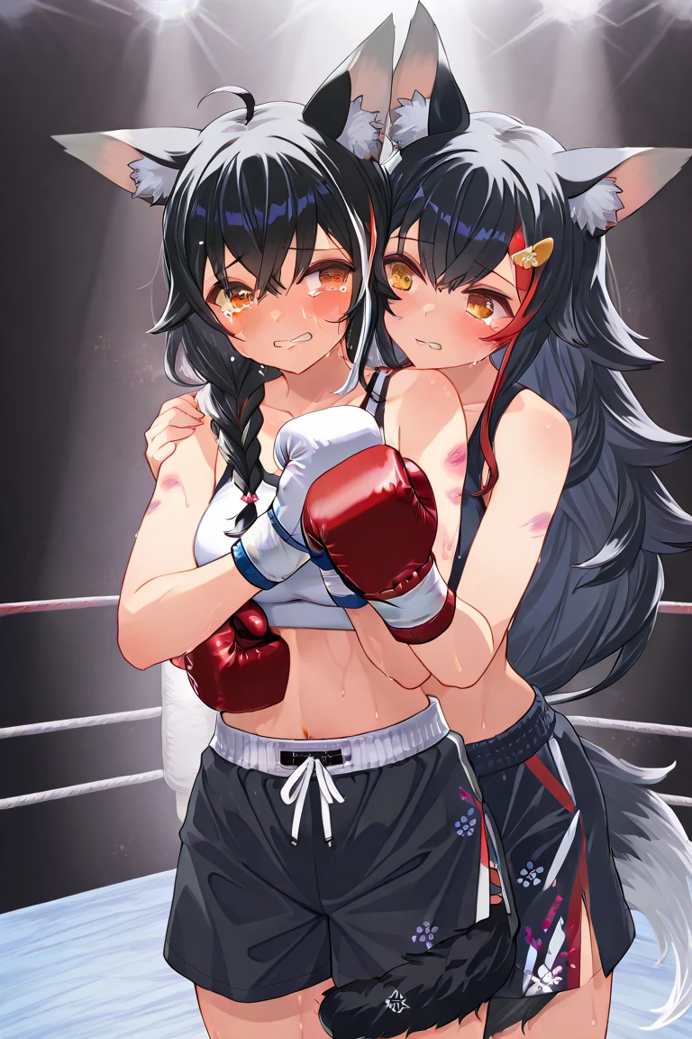 2 girls、fitness wear, shortspats、Sportsbra、Tank Tops、masterpiece、top-quality、realisitic、Hyper-detailing、(Glossy skin、be sweaty:1.4)、absurderes、Looking at the camera、short dark hair、Brown-eyed、A slender、动态照明、hight resolution、foco nítido、depth of fields、A detailed eye、Sharp eyes、Realistic eyes、(small tits:1.6)、(thick thight:1.0)、、Women's locker room、Locker Room、Shower room、Change of clothes、Half-undressed、Lower breast、pov from down、Full Body Display、Training Machine、Treadmill、Weight training、perspiring、moisture、punching bag、martial art、Boxer Size、Open Finger Gloves、shelves、punch、Spinning kick、Take off the bottom、Love Juice、A smile、red blush、teats、Clothing that shows through sweat、Kicking a punching bag、Punch to hit the ball、Covered with lotion、Muay Thai、catfight、Lotion Pro Wrestling、Climb into the ring、Spurling、Cross Counter、Martial arts、Command Sambo、Mount Position、Joint Technique、Upper Spinning Kick、Summer Salt Kick、emphasizing breasts、Take off your pants、Cat Punch、Cat's ears Cat gloves、Cat's tail