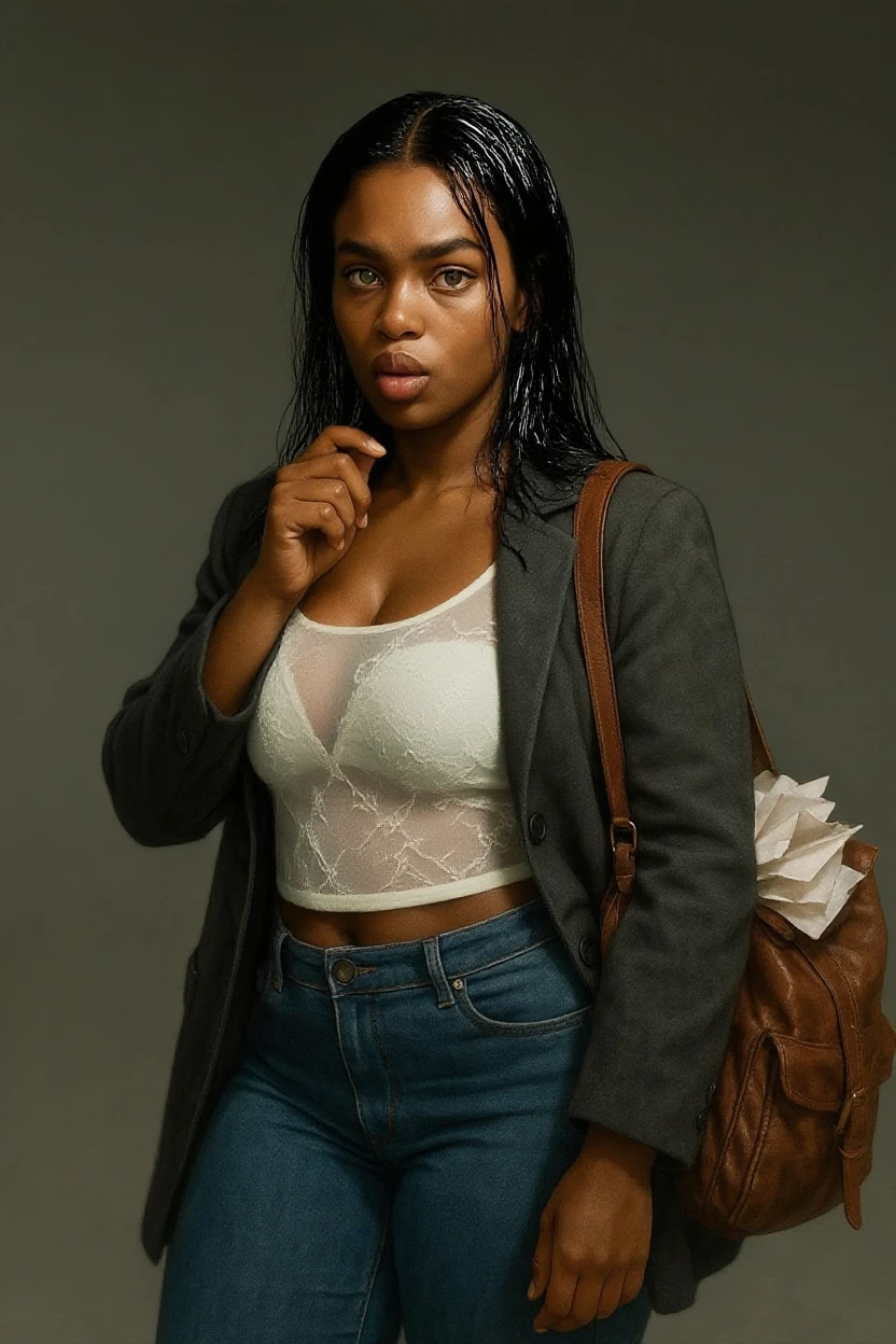 Brazilian brown skin woman curly red hair mid 20s girl, fit, staring at the viewer, realistic wearing a blue blazer and black pants somewhere in Eastern Europe, glowing , intense, solodramatic lightinasterpiece:1.2), best quality, high resolution, beautiful detailed, extremely detailed, perfect lighting sitting on a swing