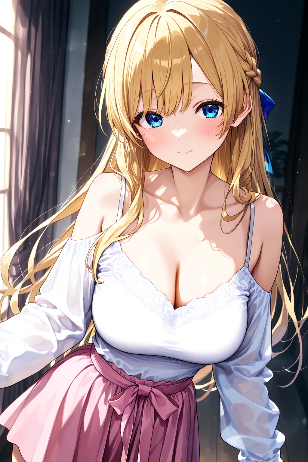 ultra-detailliert, 2 Girl, 25 years, Large breasts, cleavage of the breast, blush, I kneel on the bed and look at you, straight-on, high-level image quality, 8k, Sideways, masutepiece, Best Quality, Smile with your mouth wide open,