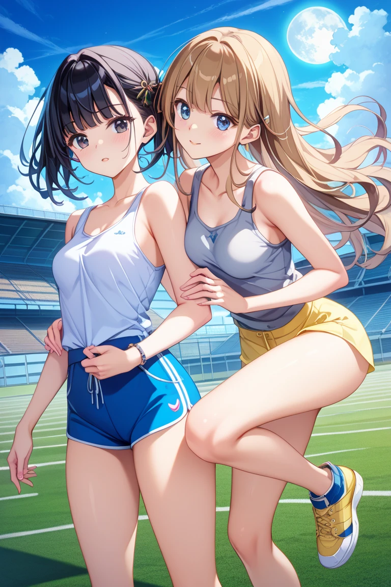 (Superflat, Flat Shading, flat-colors:1.1)、(Magazine Cover)、Illustrations、(one asian boyish girl)、(cute little:1.2)、very beautiful 14 year old cartoon girl、Great smile、cheeks are reddened、(High Detail Skin: 1.2)、photorealistic anime girl render、realistic anime 3 d style、cute littleボブカット、Beautiful brown hair、Intense black eyes、Strong highlights of the eyes、(A detailed、medium chest)、Perfect Anatomy、hair messy、old style sportswear、((Sportswear that is transparent with sweat))、white tight sleeveless shirt、dark blue short tight shorts、((Wet with water))、crotch open、Head tilt、Standing、Cowboy Shot、Arms at sides、((from behind、hindquarters、heart cutout、hip incision))、Volumetric lighting、Soft light、Bright、neons、Vibrant colors、watercolor paiting、