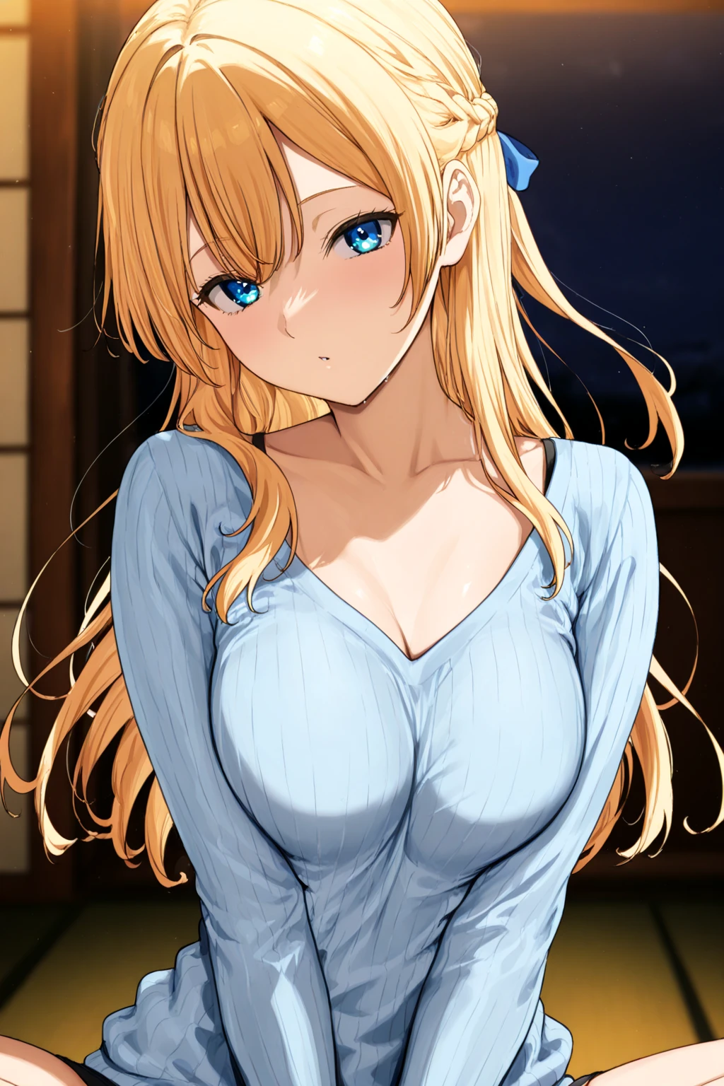 A anime girl with blue eye yellow hairs and big chest