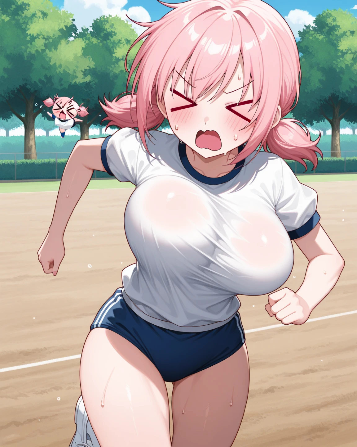 mastute piece,Best Quality,insanely detailed,8k cg,nsfw,
(shoot upper body:1.3),
(1girls:1.3),standing,looking at viewr,body in front,both arms behind back,(runningwear:1.3),(bare breasts:1.1),(bare nipples:1.1),
break,
blush,shy,(ecstasy face),(trembling:1.2),break,(light pink hair:1.2),
break,
perfect breasts,perfect teats,(open mouth:0.9),(large breasts:1.2),
(pavedroad)、