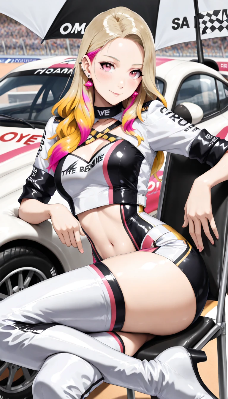 Side tie bikinibottom,,masterpiece, Highest quality, (anime screencap:1.3),(shape), cute,(Simple:1), (anime:1.2),Solo Sharp Focus, 1 girl, Cleavage,Looking at the audience, Racingbike,Motorcycle,Are standing,,(Browsing Caution:1.2),Pastel Bikini,Beautiful Hair,Horizontal stripes,heart shaped pupils,Checkered bra, Checkered panties,(Vivid and detailed Tropical drink 1.1),cute eyes,Puffy eyes,Seductive pose,Shining Face,Large Breasts,Twin tail hair,heart shaped sunglasses on head,Hilarious