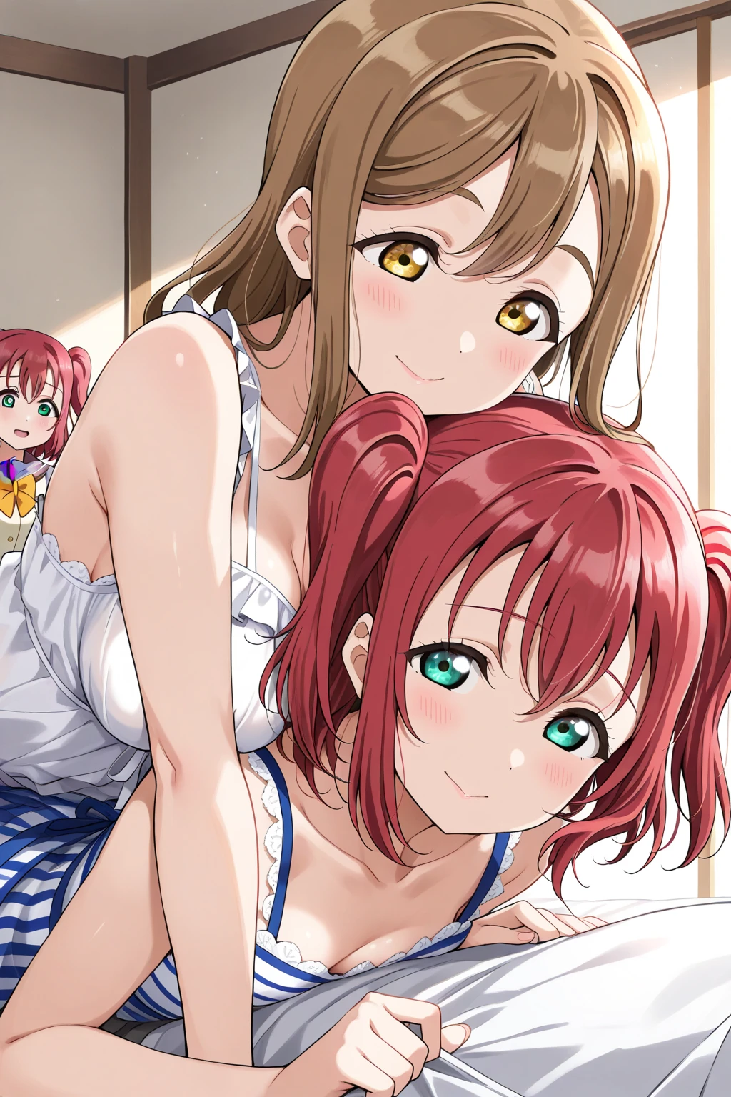 Honoka Kosaka、lovelive 、One Woman、Beautiful woman、Thick thighs、Best image quality、High resolution、masterpiece、super high quality、Spread your legsしゃがむ、Super big ass、Polka dot bra、Polka dot panties、Panties are visible through a very short pleated skirt、Big Ass、Large Breasts 、Blushing、4K quality、Blushing、Proud face、Wearing black knee socks、bed、Spread your legsしゃがむ、Panty shot、Sweaty all over、Heavy breathing、Chest is bobbing up and down、heart、Condescending look、Low - Angle、Zoom in on the crotch、(From below:1.2)、Sit on the living room couch with your knees raised, Spread your legs、(Back pose:1.3) or (Back view:1.2)