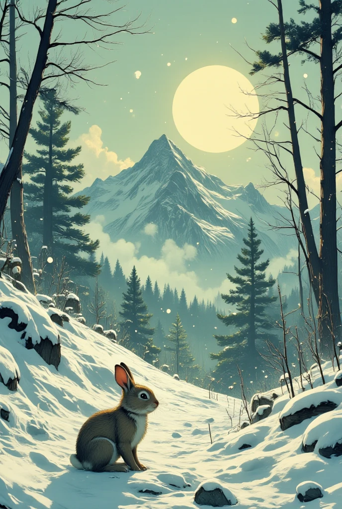  A serene winter morning, soft pale green light casting long shadows across the snow-covered landscape, reminiscent of Utagawa Hiroshige's tranquil woodblock prints and Paul Lovering's dreamy digital art. A tiny anthro  bunny is laughing with pure joy and is trying to catch snowflakes, fur fluffed against the chill, watches with wide eyes, surrounded by a blanket of untouched white snow, as the early morning sun rises in the distance, casting a peaceful glow, in a gentle, ethereal style blending traditional Japanese aesthetics with modern digital painting techniques.