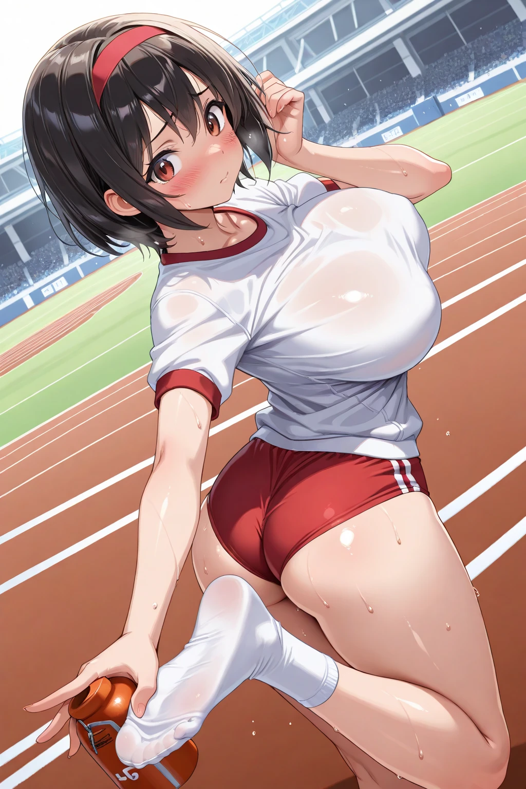 ((best quality)), ((masterpiece)), ((detailed)), (((perfect face))), (((slender 18yo teenage girl))), (((topless))), (((medium-large breasts))), ((blue soccer shorts))), ((dark brown hair)), ((short ponytail)), (((blue eyes))), ((shy:1.3)), ((blushing:1.5)), ((skinny thighs)), ((skinny hips)), (((bare arms))), (((bare shoulders))), (((bare stomach))), (((wearing soccer boots, blue soccer socks))), (((small stadium))), (((running))) (((green soccer field))), (((surprised:1.3))), (((open mouth)))