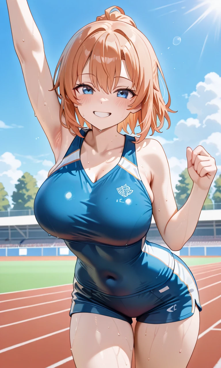 (1 person),(Best image quality, 8k, masterpiece:1.3), Anatomically correct, ((Brown hair bob cut:1.1)),(Swept-apart bangs,), (Cute eyes, Dark Eyes), (Mole under right eye), (thin), (Large Breasts),(Glowing Skin:1.1),(Pale skin:1.2),(Fantasyな雰囲気),(look up),Ultra-high resolution, Textured skin, Sparkle Effect, audienceを見つめる,Fantasy,Big glitter eyes,

Black lace panties,Cheerleader,Braid, ribbon, Wet body,Sweat,

Blue Cheer Uniform,mini skirt,pom-pom,Confetti,Outdoor,Stadium,audience,Underarm、Raise your hand,belly button,Cleavage,

Low Angle, Accentuate the crotch,Show your pants,cheer leading,Jumping,


smile,