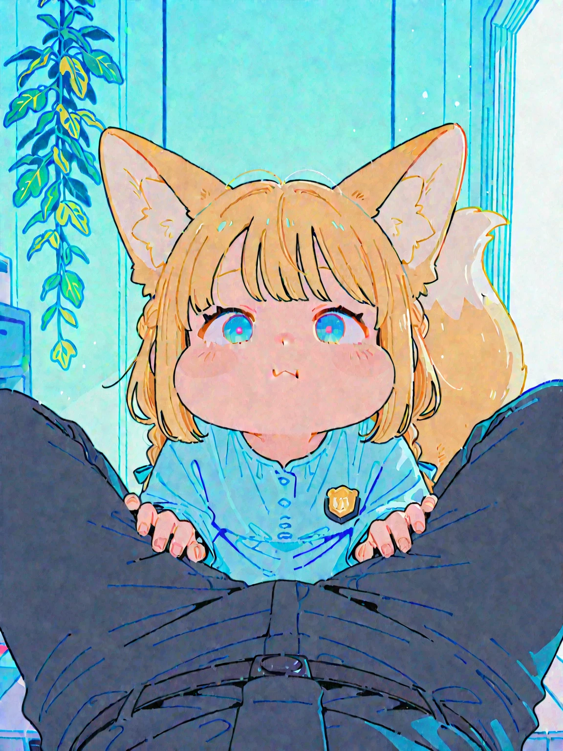 score_9, score_8_up, score_7_up, score_6_up, score_5_up, score_4_up, BREAK, 1boy, 1boy1boy, necoarc, lit pupils, cat ears, blonde hair, red eyes, :3, turtleneck, blue skirt, pleated skirt, pantyhose, brown footwear, highlight thighs, outdoor, thick thighs, NSFW, cute male, holding penis, licking penis, penis, penis grab, tongue, tongue out, fellatio, erection, thick boy, wide hips, femboy, precum, top down bottom up