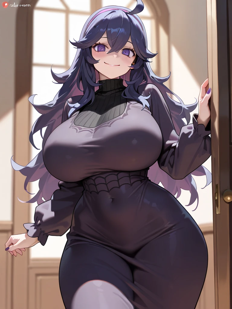 Cute naughty Artificer mother, Pastel colors hair, (overwhelmingly gigantic breasts:1.2, Thighs:1.2, thick legs:1.2, curvy:1.2, towering stature:1.6, massive fat thick unnatural belly, Plump), purple eyes, (ahoge, messy hair:1.2, tired hair:1.2, flipped hair, very long hair, bags under eyes:1.3), black hair, (purple hair:1.1), (blush:1.2, emberrased:1.2, quiet personality:1.2, scared:1.2, looking away, wavy mouth, shy), (naked), at the adventurer's guild, A bulletin board with posted paper, hand over face