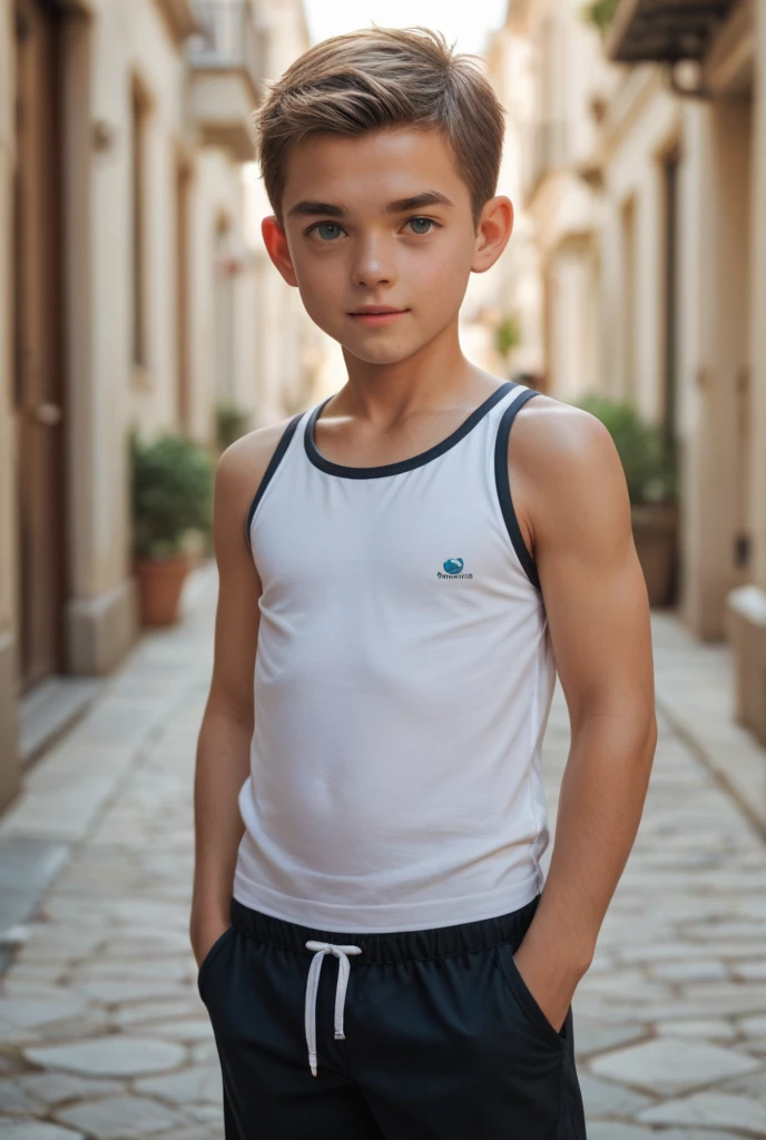 A beautiful 14 year old boy, totalmente desnudo, cuerpo completo, piel blanca, brown hair, ojos azules, 