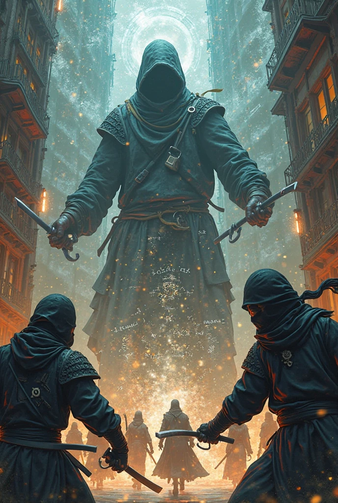 Ancient Chinese architecture，Streets，Night，Two people were fighting in the distance，An anime boy，With a cloak，Wearing a black coat，With a black mask，With a long sword in his hand，Ancient Chinese architecture